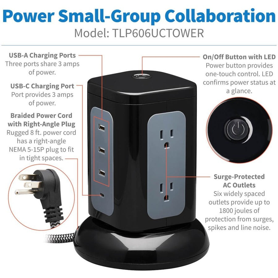Eaton Tripp Lite Series Protect It! TLP606UCTOWER 6-Outlet Surge Protector Tower with USB-C and USB-A Ports, 1800 Joules, 8 ft. Cord
