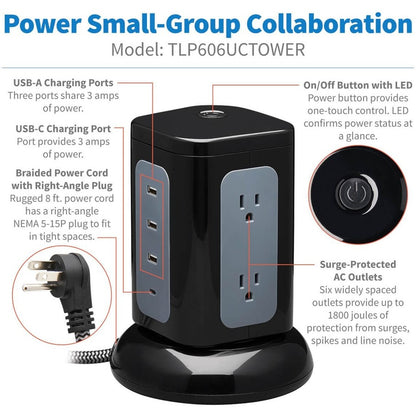 Eaton Tripp Lite Series Protect It! TLP606UCTOWER 6-Outlet Surge Protector Tower with USB-C and USB-A Ports, 1800 Joules, 8 ft. Cord