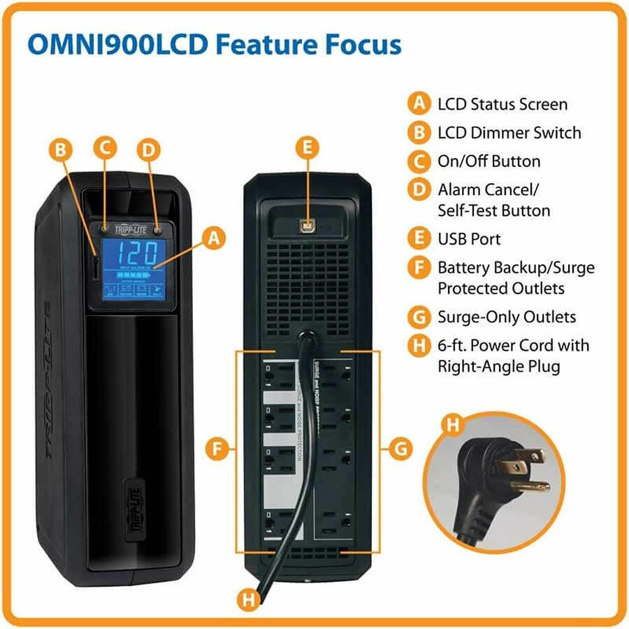 Eaton OmniSmart OMNI900LCD 900VA Line-Interactive Tower UPS with LCD Display and USB Port