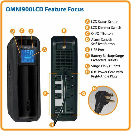Eaton OmniSmart OMNI900LCD 900VA Line-Interactive Tower UPS with LCD Display and USB Port