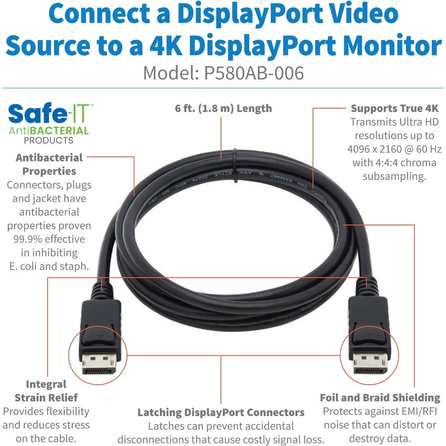 Eaton Tripp Lite Series P580AB-006 6 ft. High-Speed DisplayPort Cable with Antibacterial Protection