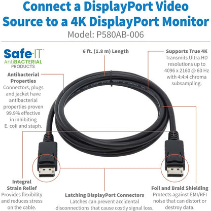 Eaton Tripp Lite Series P580AB-006 6 ft. High-Speed DisplayPort Cable with Antibacterial Protection