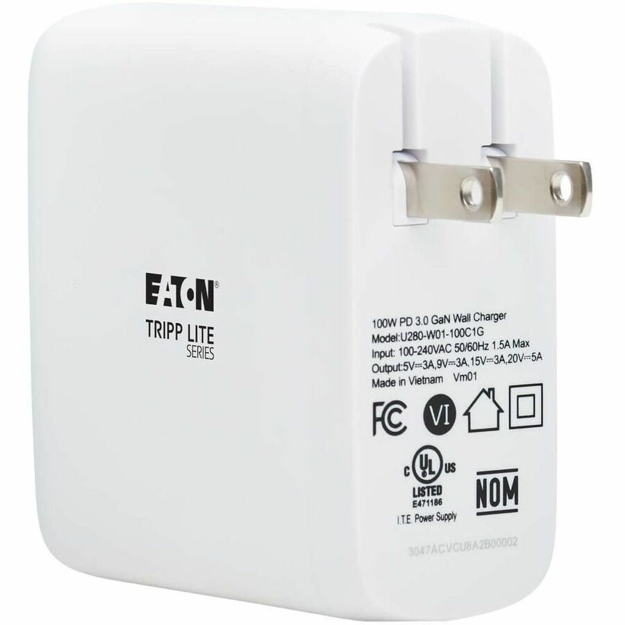Eaton Tripp Lite Series Compact 1-Port USB-C Wall Charger with GaN Technology - 100W PD3.0 Fast Charging, White