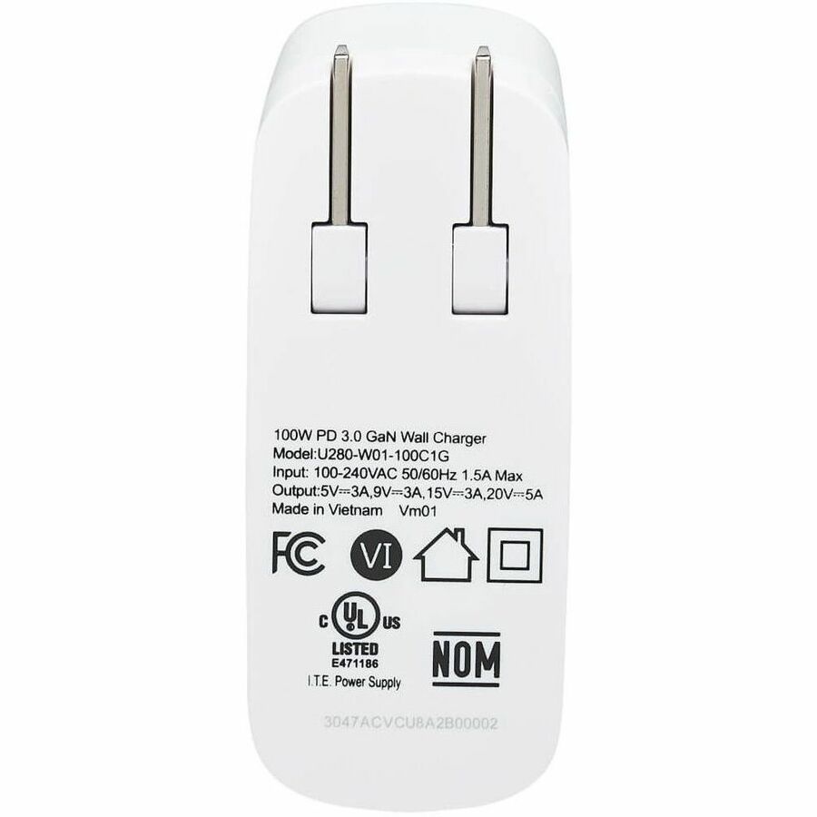 Eaton Tripp Lite Series Compact 1-Port USB-C Wall Charger with GaN Technology - 100W PD3.0 Fast Charging, White