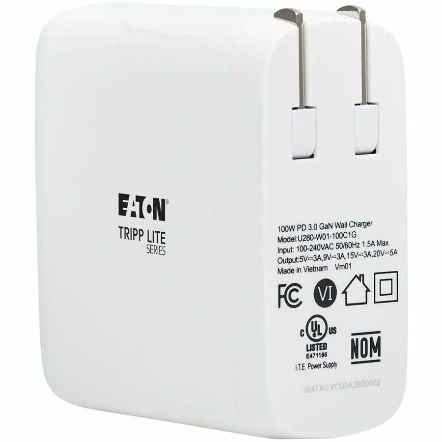 Eaton Tripp Lite Series Compact 1-Port USB-C Wall Charger with GaN Technology - 100W PD3.0 Fast Charging, White