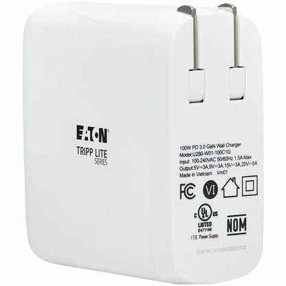 Eaton Tripp Lite Series Compact 1-Port USB-C Wall Charger with GaN Technology - 100W PD3.0 Fast Charging, White