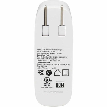 Eaton Tripp Lite Series 4-Port Compact USB Wall Charger with GaN Technology - 100W PD Fast Charging, 2 USB-C & 2 USB-A Ports, White