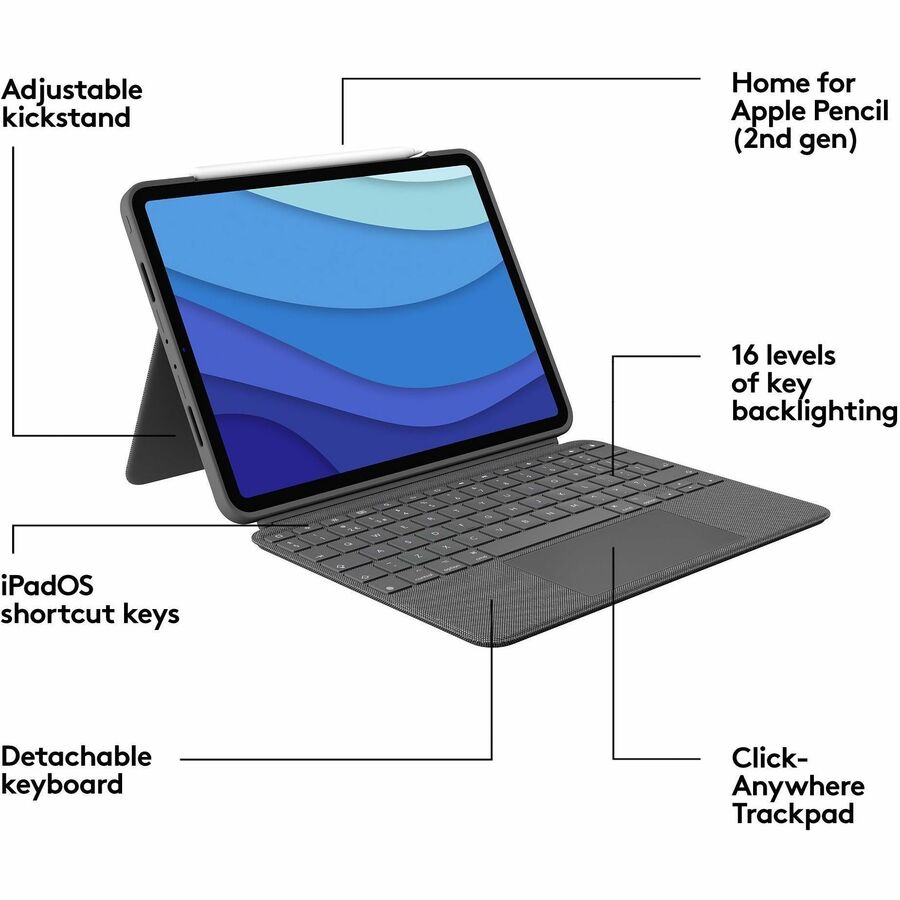 Logitech Combo Touch Keyboard and Cover Case for 11-Inch iPad Pro (3rd & 2nd Generation) - Oxford Gray
