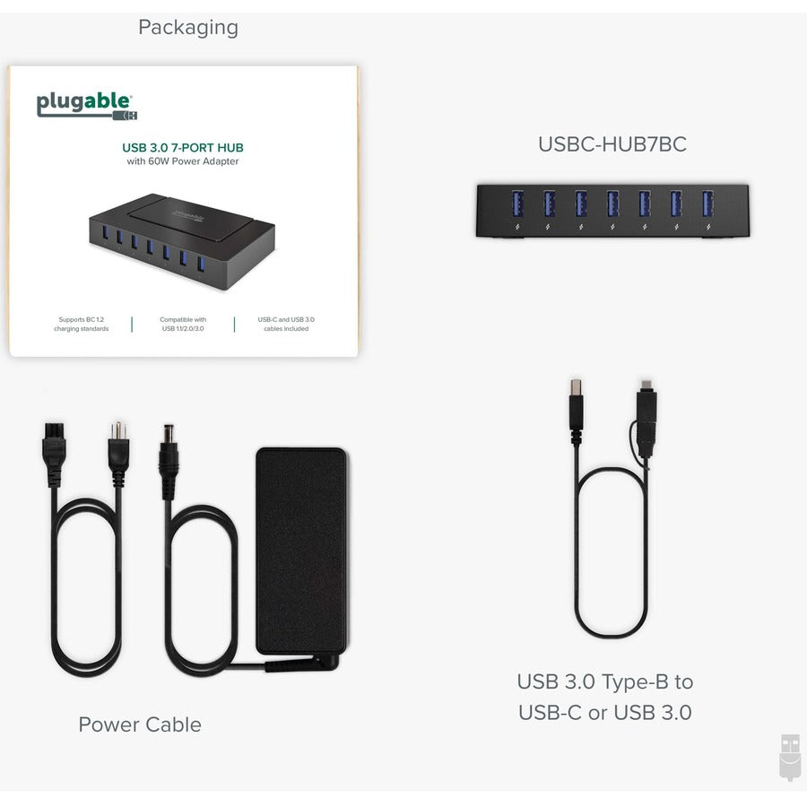 Plugable Technologies USBC-HUB7BC 7-Port USB 3.0 and USB-C Charging Hub with 60W Power Adapter