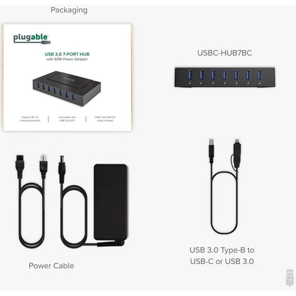 Plugable Technologies USBC-HUB7BC 7-Port USB 3.0 and USB-C Charging Hub with 60W Power Adapter