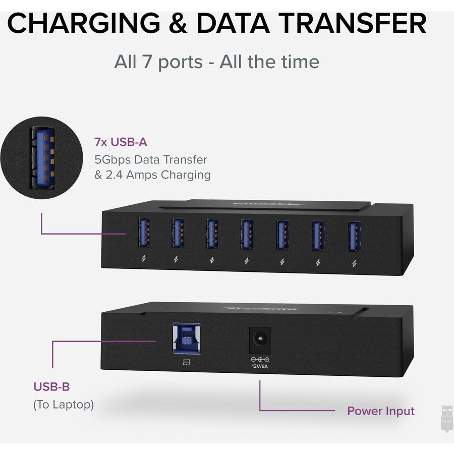 Plugable Technologies USBC-HUB7BC 7-Port USB 3.0 and USB-C Charging Hub with 60W Power Adapter