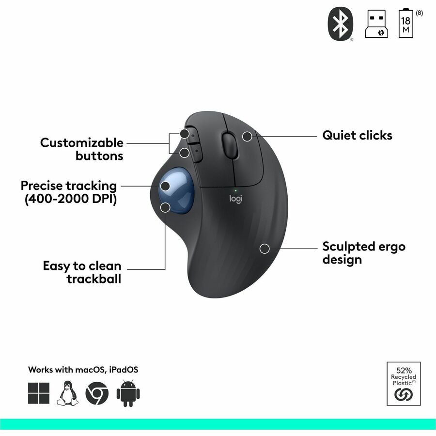 Logitech ERGO M575 Wireless Trackball Mouse for Business – Ergonomic Design, Logi Bolt & Bluetooth, Graphite