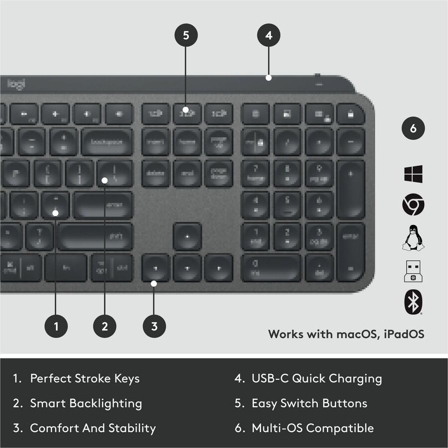 Logitech MX Keys for Business Wireless Illuminated Keyboard - Graphite, Part 920-010116