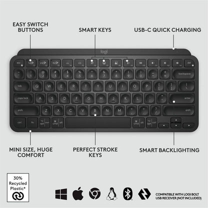 Logitech MX Keys Mini Wireless Backlit Keyboard – Compact, Bluetooth, USB-C, Black
