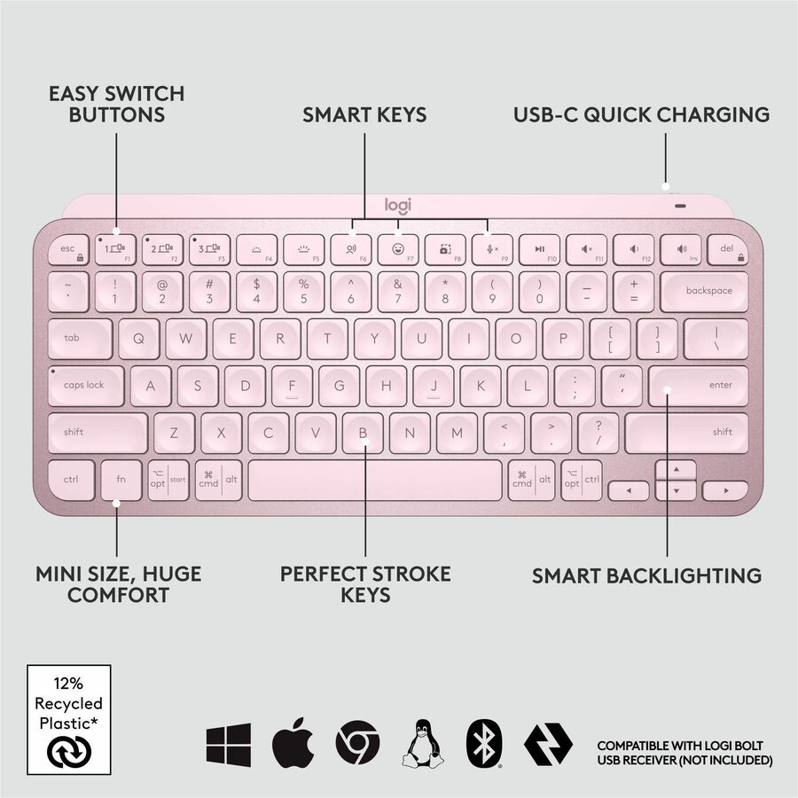 Logitech MX Keys Mini Rose Wireless Bluetooth Keyboard with Backlit Keys and Flow Support