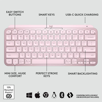 Logitech MX Keys Mini Rose Wireless Bluetooth Keyboard with Backlit Keys and Flow Support