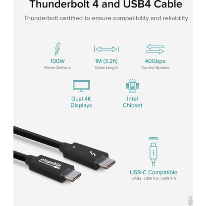 Plugable Technologies Thunderbolt 4 Cable (Part Number: TBT4-40G1M) – 3.28 ft USB4 & Thunderbolt 4 Data Transfer Cable with 100W Power Delivery