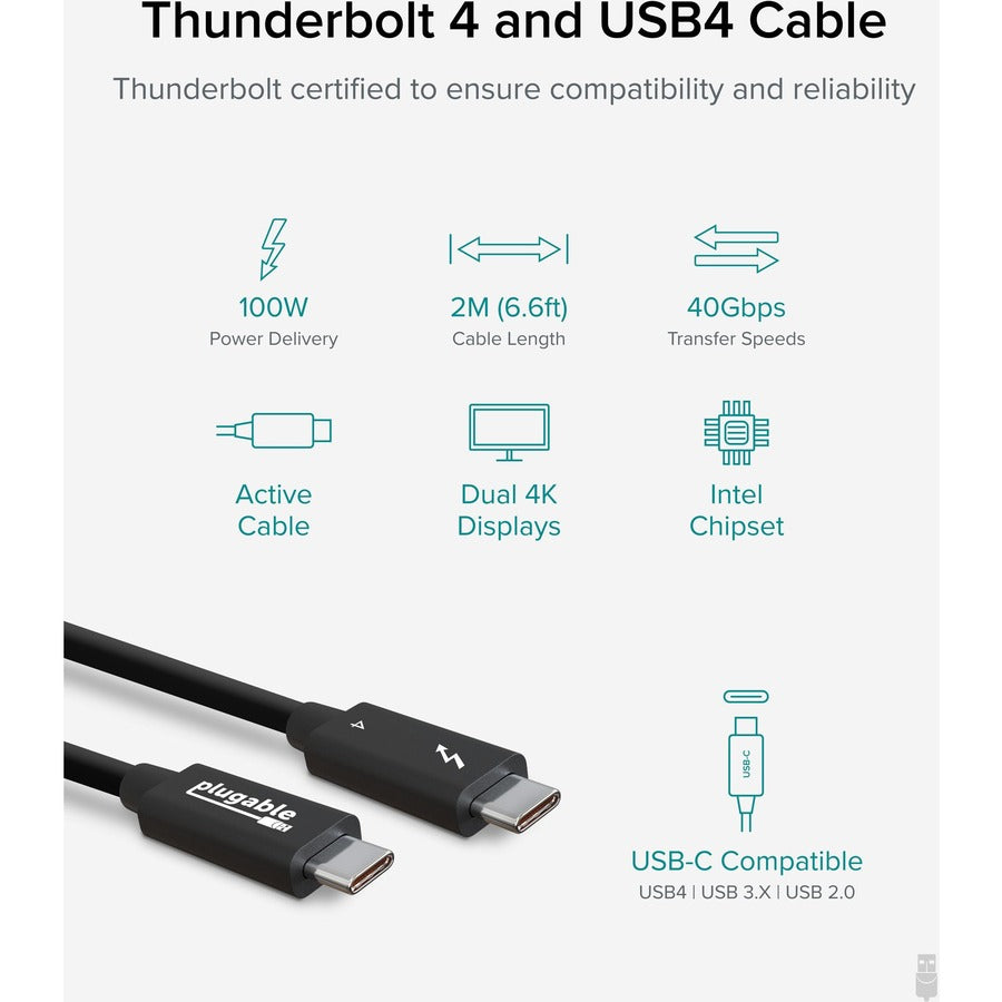 Plugable Technologies Thunderbolt 4 Data Transfer Cable (Part No. TBT4-40G2M) – 6.56 ft