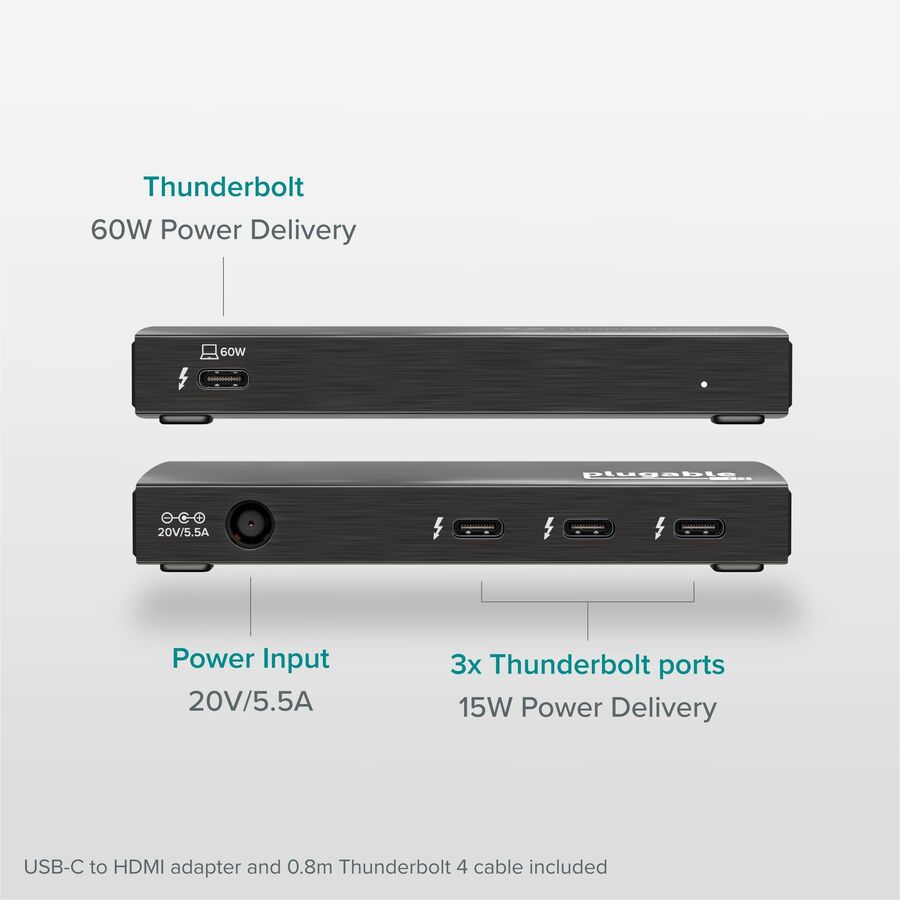 Plugable Thunderbolt 4 Hub TBT4-HUB3C – 4-Port USB-C and Thunderbolt 4 Dock with 60W Charging, 4K HDMI Support, Portable Design