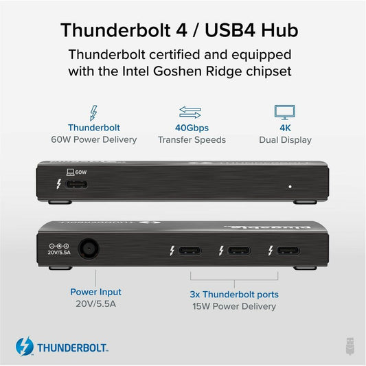 Plugable Thunderbolt 4 Hub TBT4-HUB3C – 4-Port USB-C and Thunderbolt 4 Dock with 60W Charging, 4K HDMI Support, Portable Design