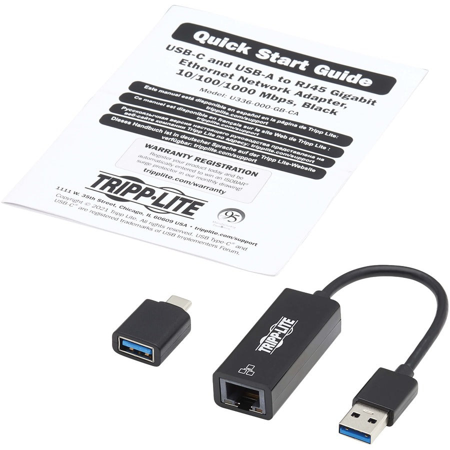 Eaton Tripp Lite Series USB-C & USB-A to Gigabit Ethernet Adapter - 10/100/1000 Mbps Ethernet Connection