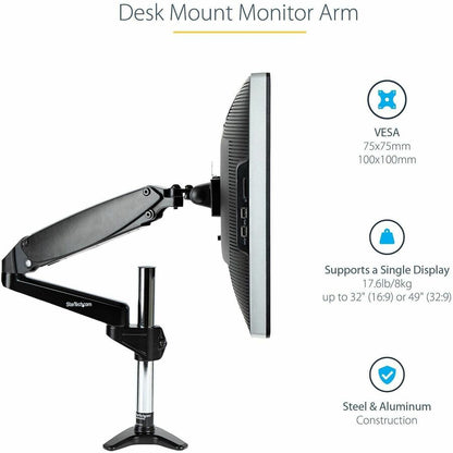 StarTech.com Desk Mount Monitor Arm for 32-Inch to 49-Inch Displays – Full Motion, Height Adjustable, VESA Compatible