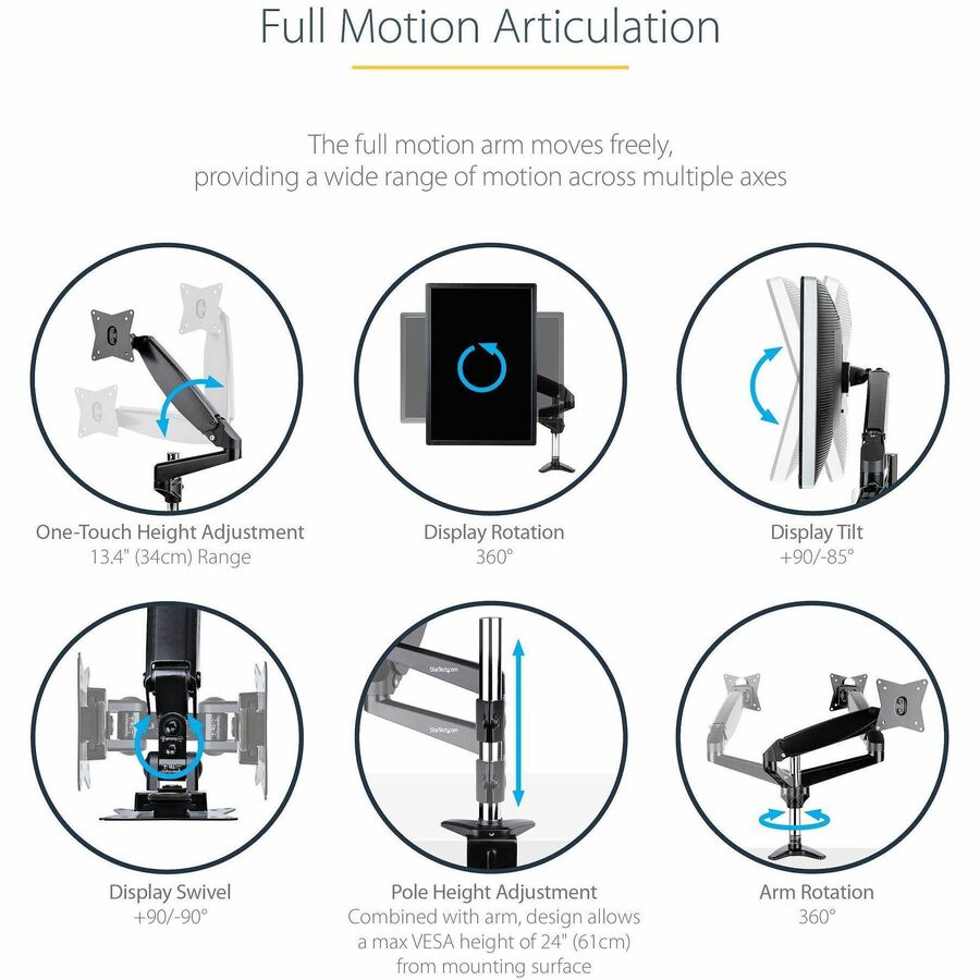 StarTech.com Desk Mount Monitor Arm for 32-Inch to 49-Inch Displays – Full Motion, Height Adjustable, VESA Compatible