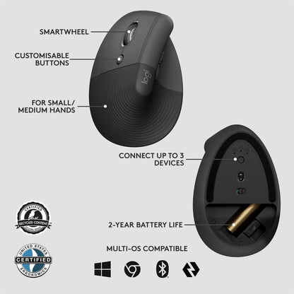 Logitech Lift for Business Left-Handed Vertical Ergonomic Mouse - Wireless Bluetooth & Logi Bolt USB