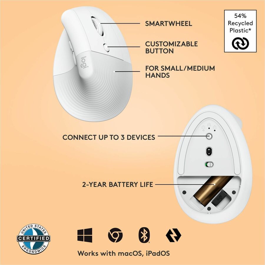 Logitech Lift Vertical Ergonomic Mouse - Wireless, Bluetooth & Logi Bolt USB, Quiet Clicks, Small/Medium Right-Hand, Off-White