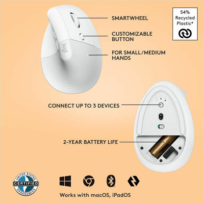 Logitech Lift Vertical Ergonomic Mouse - Wireless, Bluetooth & Logi Bolt USB, Quiet Clicks, Small/Medium Right-Hand, Off-White