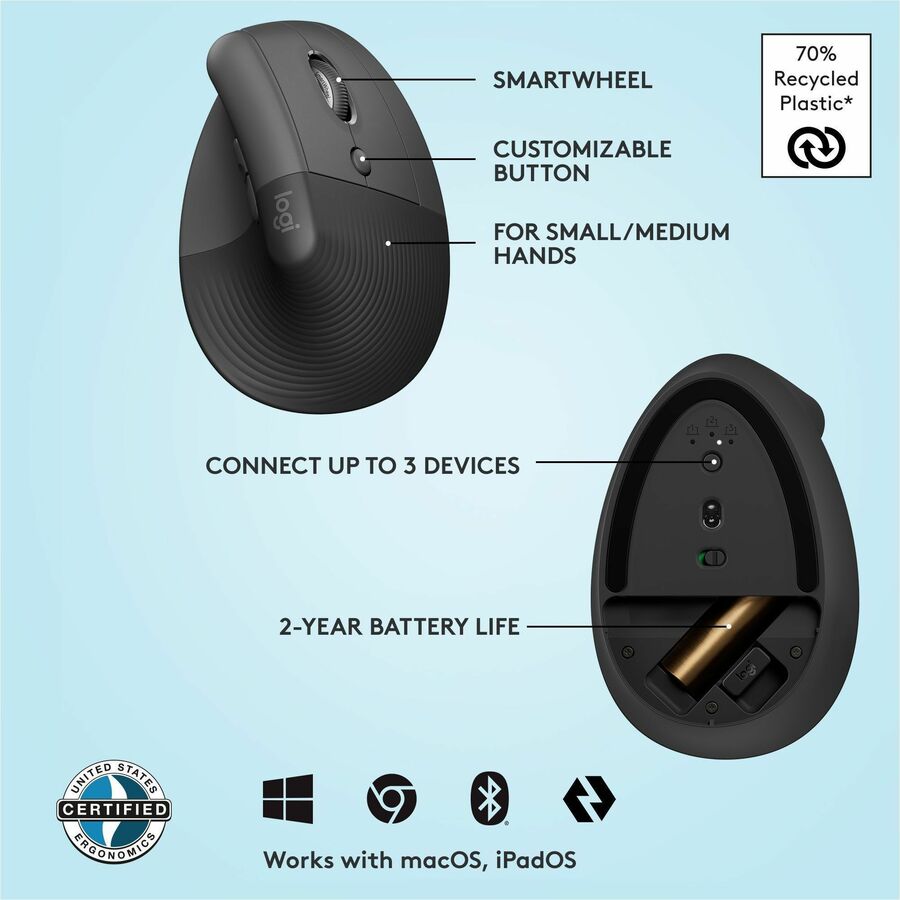 Logitech Lift Vertical Ergonomic Mouse - Wireless Bluetooth & Logi Bolt USB, Quiet Clicks, 6 Buttons, Graphite