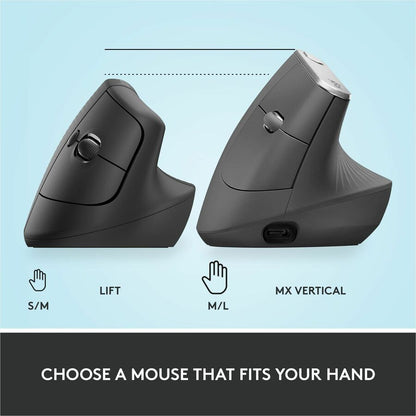 Logitech Lift Vertical Ergonomic Mouse - Wireless Bluetooth & Logi Bolt USB, Quiet Clicks, 6 Buttons, Graphite