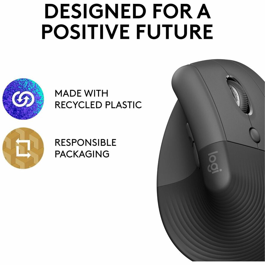 Logitech Lift Vertical Ergonomic Mouse - Wireless Bluetooth & Logi Bolt USB, Quiet Clicks, 6 Buttons, Graphite