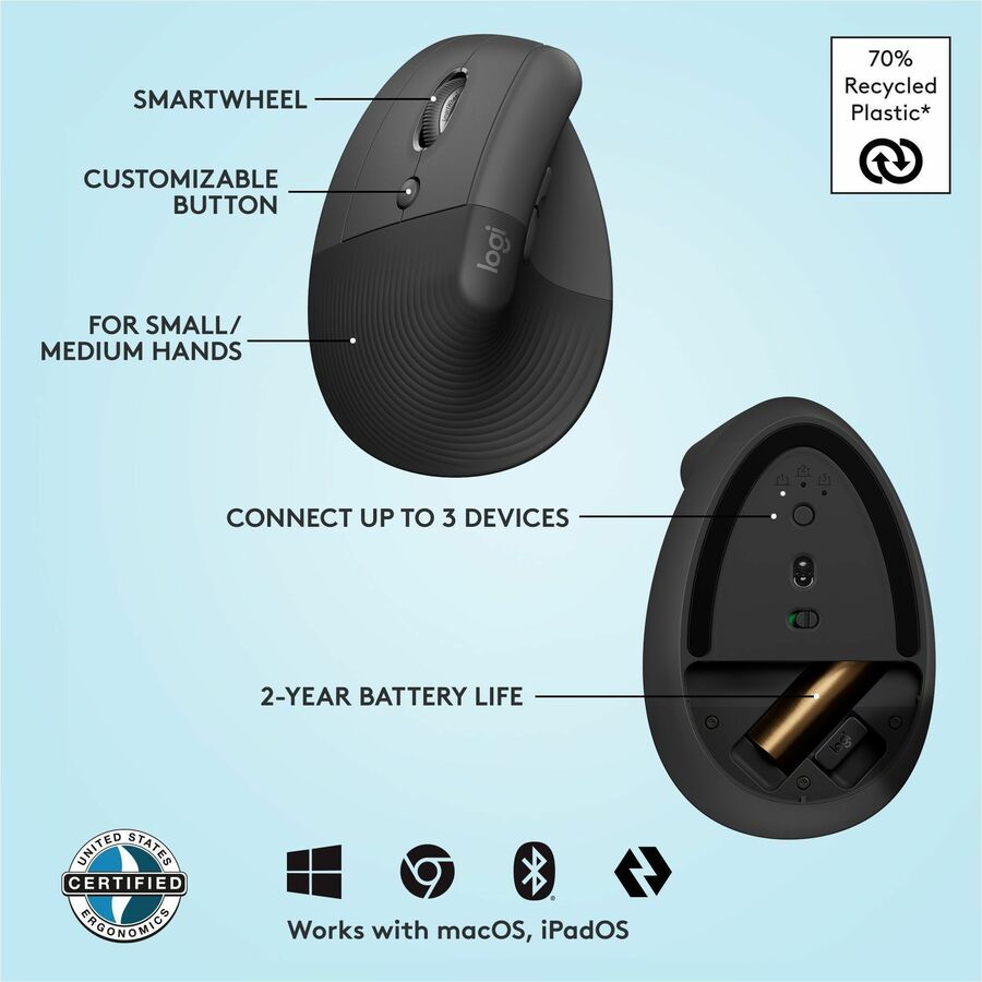 Logitech Lift Left Vertical Ergonomic Mouse – Wireless, Bluetooth & Logi Bolt USB – Quiet Clicks – Graphite