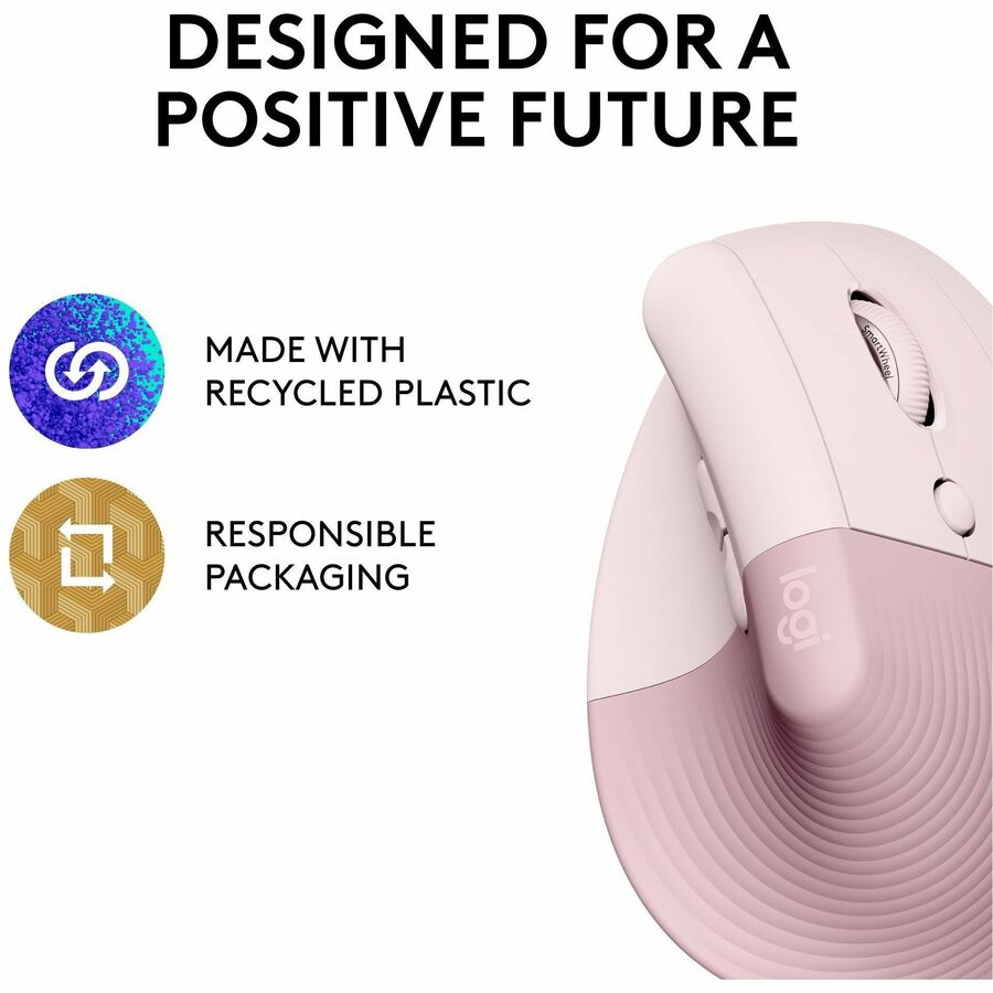 Logitech Lift Vertical Ergonomic Mouse Rose - Wireless Bluetooth & Logi Bolt USB, Quiet Clicks, 6 Buttons, Small/Medium Hand Fit