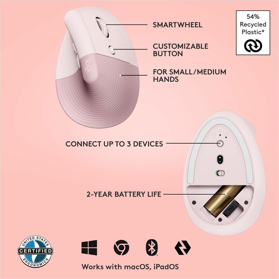 Logitech Lift Vertical Ergonomic Mouse Rose - Wireless Bluetooth & Logi Bolt USB, Quiet Clicks, 6 Buttons, Small/Medium Hand Fit