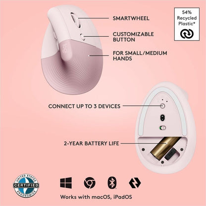 Logitech Lift Vertical Ergonomic Mouse Rose - Wireless Bluetooth & Logi Bolt USB, Quiet Clicks, 6 Buttons, Small/Medium Hand Fit
