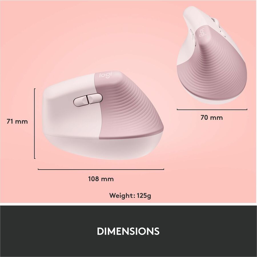 Logitech Lift Vertical Ergonomic Mouse Rose - Wireless Bluetooth & Logi Bolt USB, Quiet Clicks, 6 Buttons, Small/Medium Hand Fit
