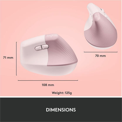 Logitech Lift Vertical Ergonomic Mouse Rose - Wireless Bluetooth & Logi Bolt USB, Quiet Clicks, 6 Buttons, Small/Medium Hand Fit