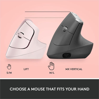 Logitech Lift Vertical Ergonomic Mouse Rose - Wireless Bluetooth & Logi Bolt USB, Quiet Clicks, 6 Buttons, Small/Medium Hand Fit