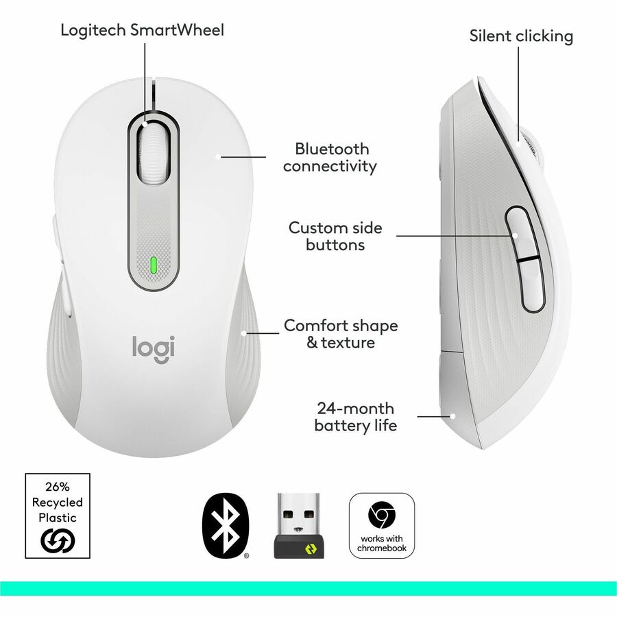 Logitech Signature M650 Wireless Mouse for Large Hands, 2-Year Battery Life, Silent Clicks, Raw White