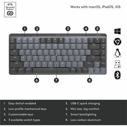 Logitech MX Mechanical Mini Minimalist Wireless Illuminated Keyboard with Clicky Switches - Graphite