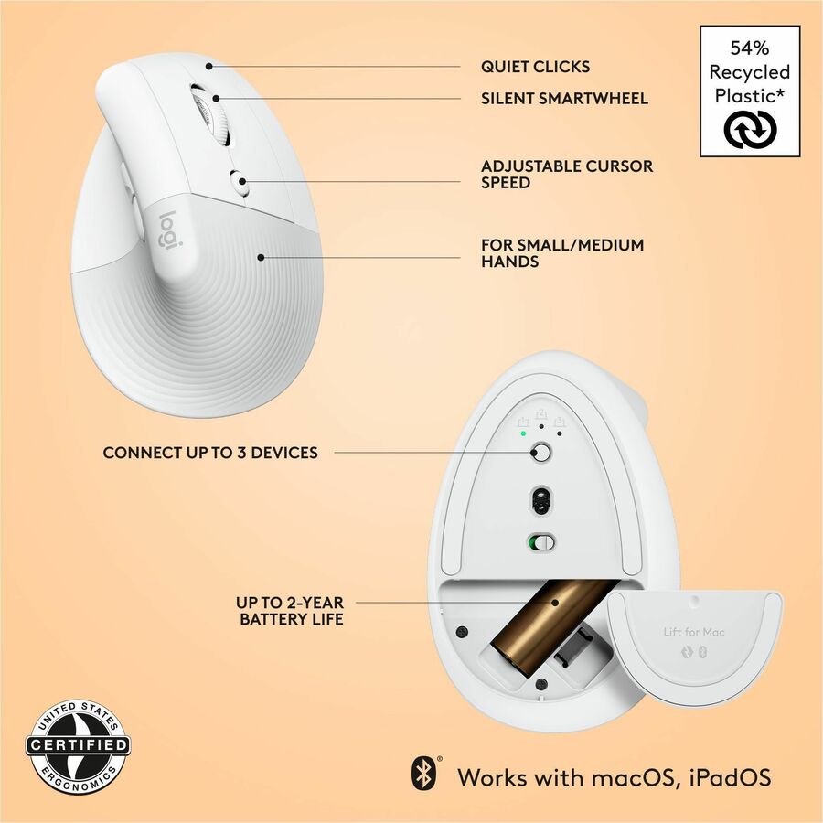 Logitech Lift for Mac Off-White Wireless Vertical Ergonomic Mouse (Part Number 910-006471)