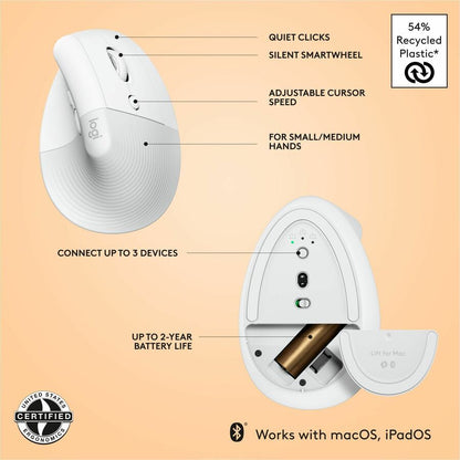 Logitech Lift for Mac Off-White Wireless Vertical Ergonomic Mouse (Part Number 910-006471)