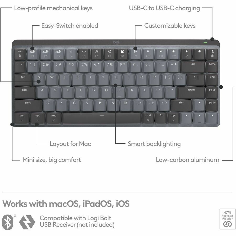 Logitech MX Mechanical Mini for Mac Wireless Keyboard with Backlit Keys – Space Gray