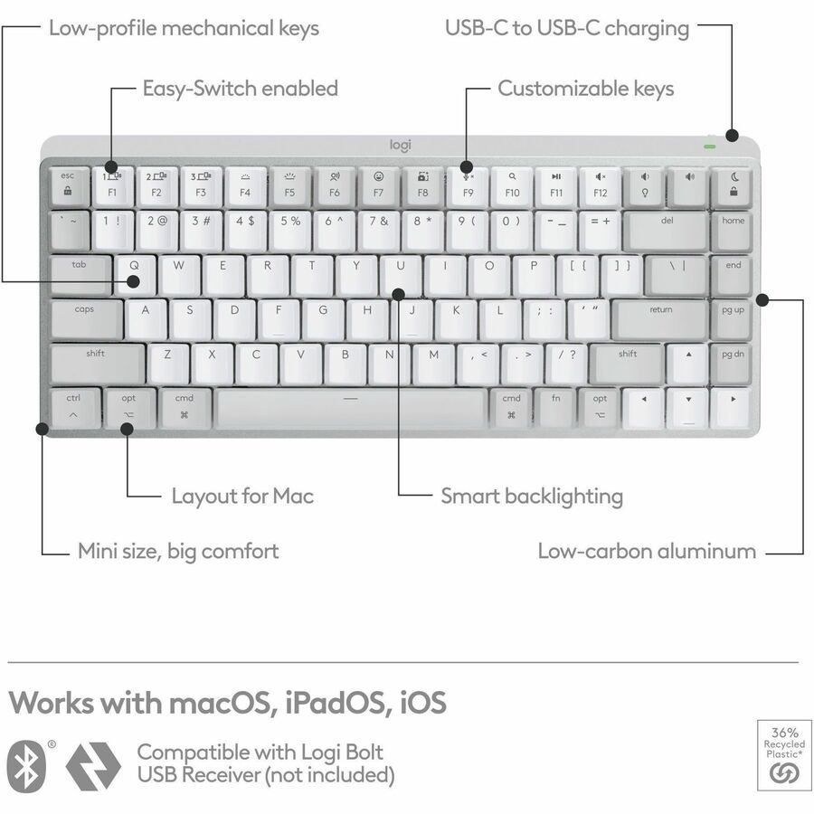 Logitech MX Mechanical Mini for Mac Wireless Illuminated Keyboard with Low-Profile Tactile Quiet Switches, Pale Gray