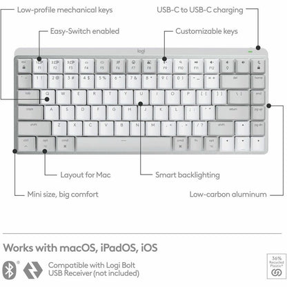 Logitech MX Mechanical Mini for Mac Wireless Illuminated Keyboard with Low-Profile Tactile Quiet Switches, Pale Gray
