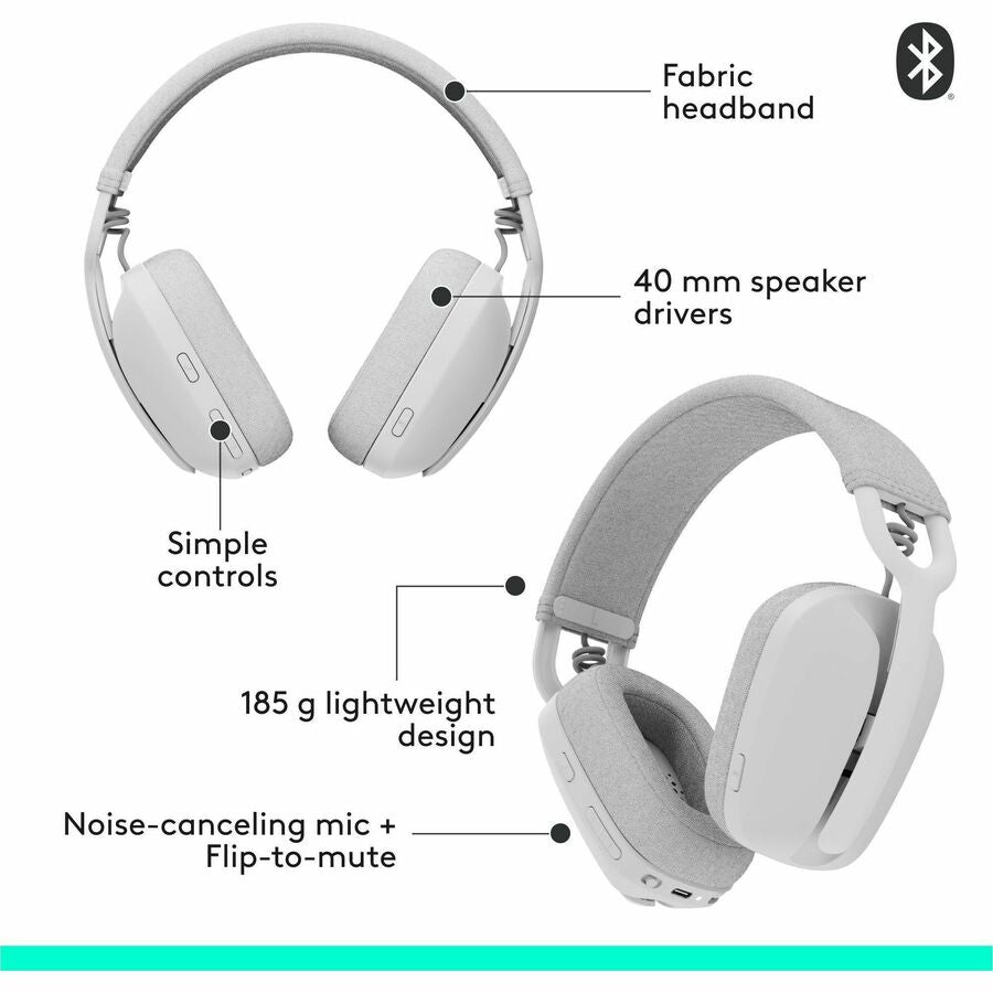 Logitech Zone Vibe 100 Wireless Over-Ear Headphones with Noise Cancelling Microphone - Off White