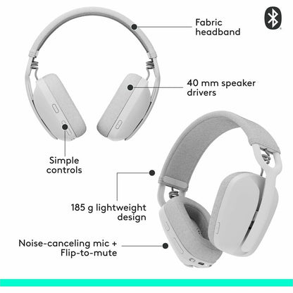 Logitech Zone Vibe 100 Wireless Over-Ear Headphones with Noise Cancelling Microphone - Off White