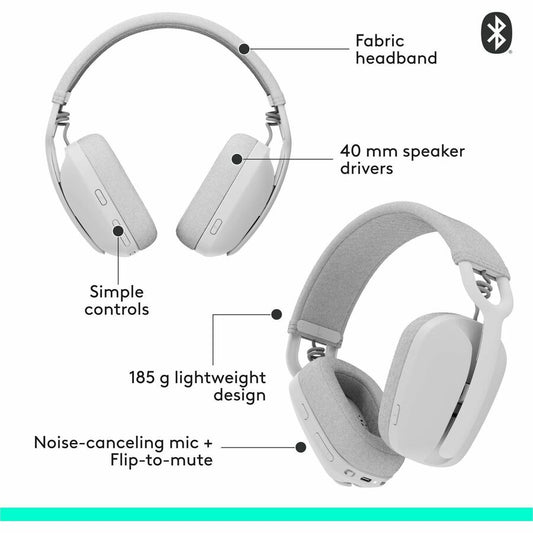 Logitech Zone Vibe 100 Wireless Over-Ear Headphones with Noise Cancelling Microphone - Off White